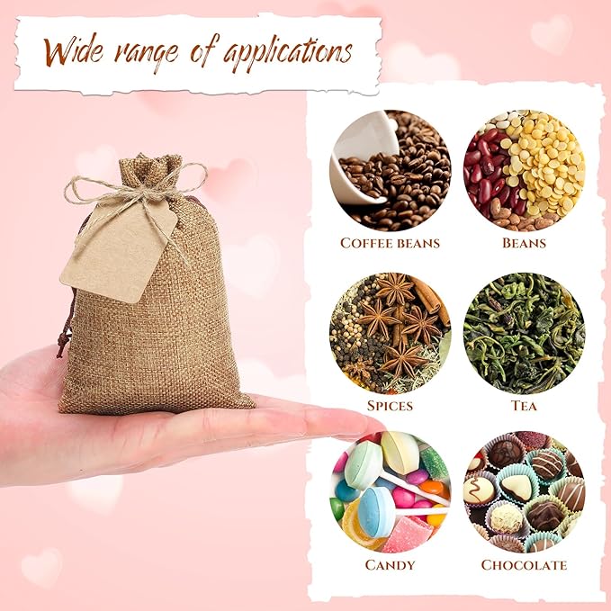 Gift Bags, 100 Dark Brown Burlap Drawstring Bags with Kraft Tags