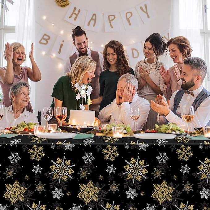 3Pcs Christmas Snowflake Party Tablecloths Decorations,Plastic Black and Gold Table Cloth,Winter Rectangle Table Cover for Christmas New Year Birthday Baby Shower Holiday Party Decorations,54x108 inch
