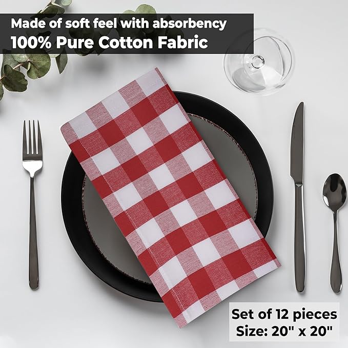 Cloth Dinner Napkins Set of 12, 100% Cotton, Red and White Checkered