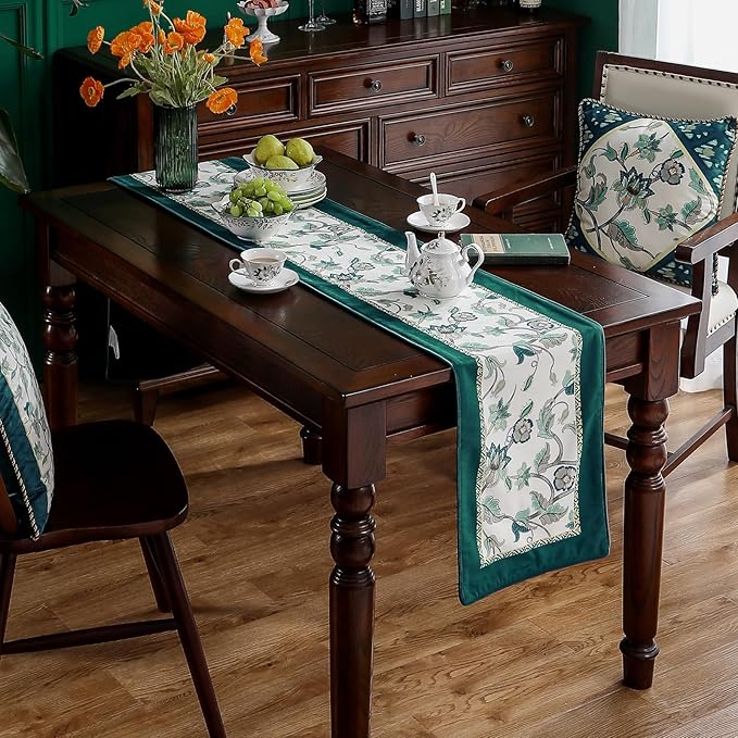 patdrea Designer Elegant French Floral Velvet Table Runner, Teal with Blossoms Pattern Table Mat, Decoration for Kitchen Dining Coffee Table Shelf Cabinet Banquet Thanksgiving,12"*102"