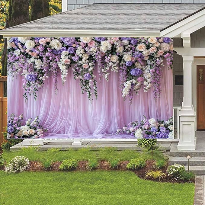 5x3ft Purple Lavender Floral Bridal Backdrop Wedding Flower Photography Backdrop for Girl Portrait Baby Shower Birthday Party Decor Banner Mother's Day Party Wall Backdrop Studio Photo Backgrounds