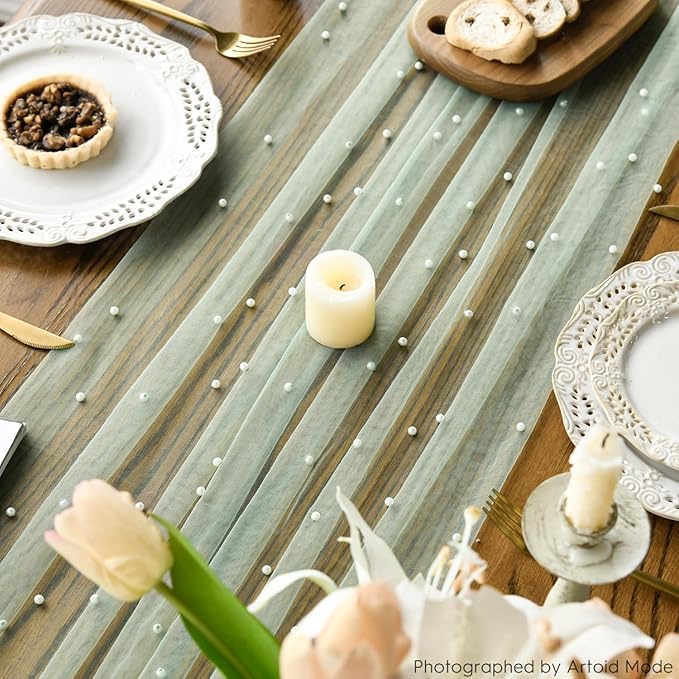 Artoid Mode Pearl Grass Green Gauze Table Runner 59x120 Inch , Seasonal Sheer Kitchen Dining Holiday Wedding Birthday Baby Shower Table Decor for Home Party