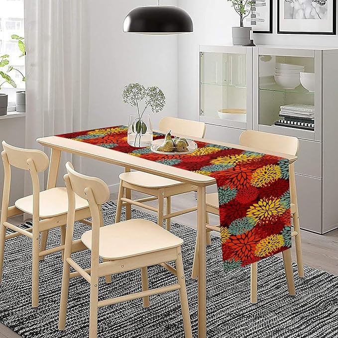 Red Yellow Dahlia Table Runner, Seasonal Autumn Thanksgiving Pattern Print for Home Kitchen Table Decor Dining Coffee Room Party Decor 13x70 Inch