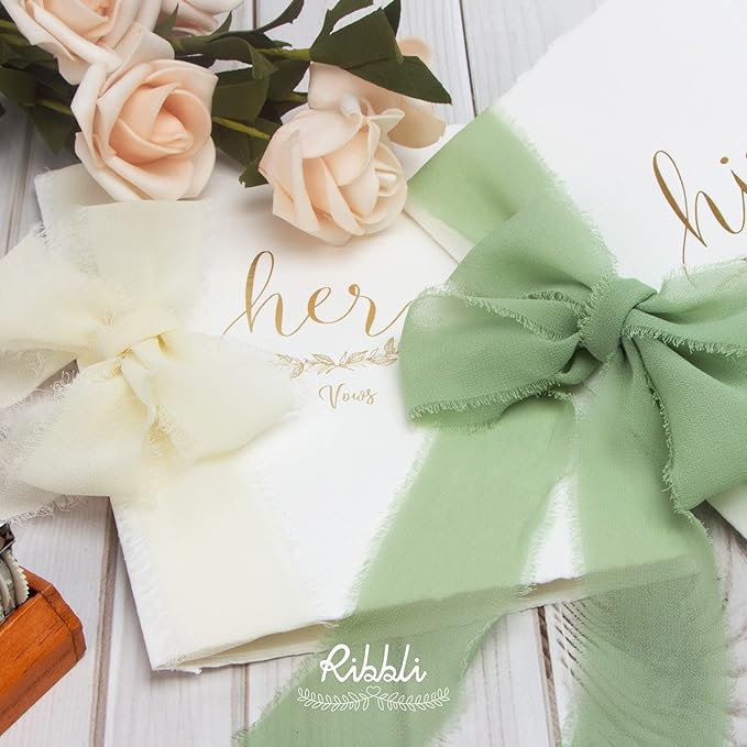 Ribbli Green Chiffon Ribbon1.5 inch x 30 Yard Handmade Silk Ribbon for Wrapping,Ivory Sage Forest Green Fringe Chiffon Ribbon for Wedding Invitations, Bridal Bouquets, Flower Arrangement Decoration