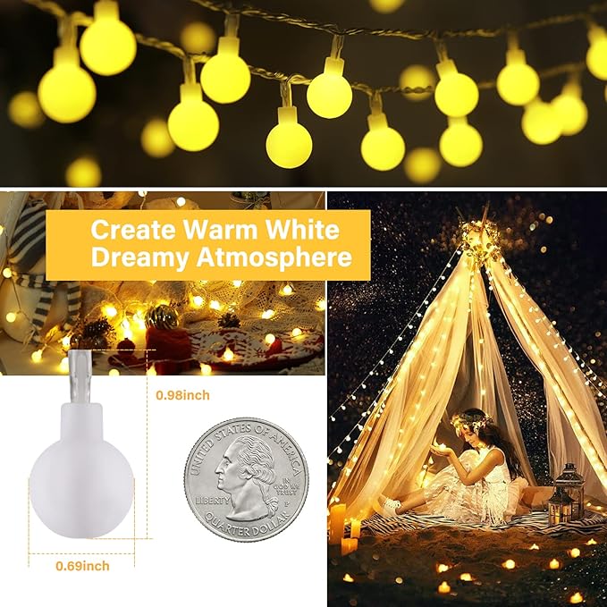 Indoor String Lights, 66 Ft Warm White 200 LED Mini Globe Lights