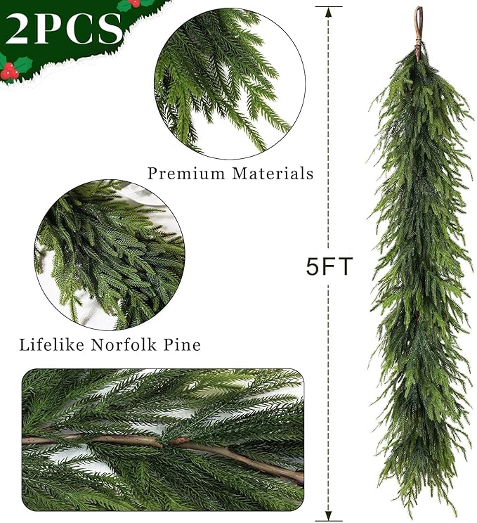 Garlands 2 Pack, 5 Ft Green Plastic Norfolk Pine Christmas Garland