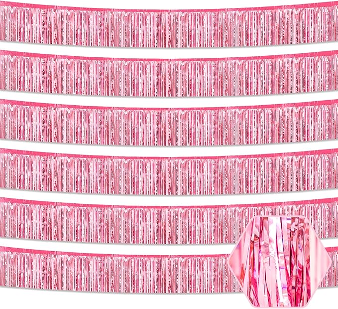 6 Pack 10 Feet Pink Foil Fringe Garland Metallic Tinsel Streamers Banner Wall Hanging Curtain Backdrop for Parade Floats, Birthday, Graduate, Mother's Day, Wedding Party Decoration