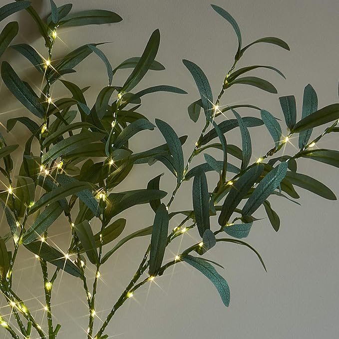 LITBLOOM Lighted Olive Branches 24IN 72 LED with Timer Battery Operated Lit Artificial Greenery for Wedding Party Spring Home Decoration Indoor Outdoor