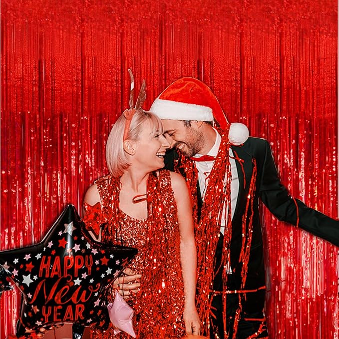 2 Pack Foil Curtain Backdrop Red Metallic Tinsel Foil Fringe Curtains Photo Booth Props for Birthday Wedding Engagement Baby Shower Bachelorette Christmas Holiday Celebration Party Decorations