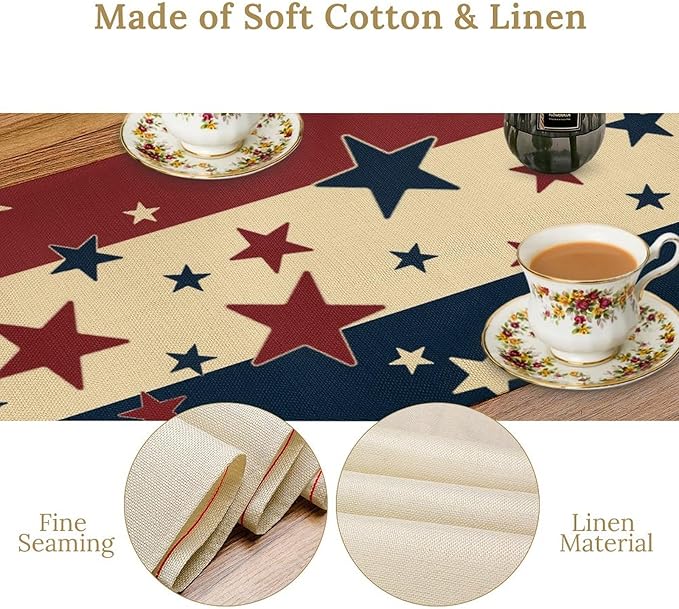 Memorial Day Table Runner, 4th of July American Patriotic Independence Day Stars Stripes Print Table Runne for Summer Holiday USA Home Decoration Party,13x90inch