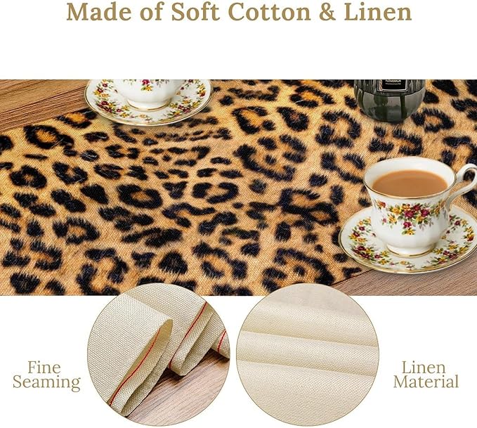 Leopard Print Dinning Table Runner, Cotton Linen Rustic Cottage Country Farm Safari Wildlife Fur Print Table Runners for Table Dresser Runner Dinning Kitchen Party Holidays Home, 13x108 Inch