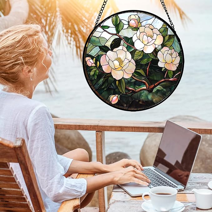 Stained Glass Suncatcher, Light Pink Flowers Green Leaf Sun Catcher Plant Stain Glass Window Hanging Decoration Mother's Day Birthday Gifts for Women Men Mom Nana 11.8 in