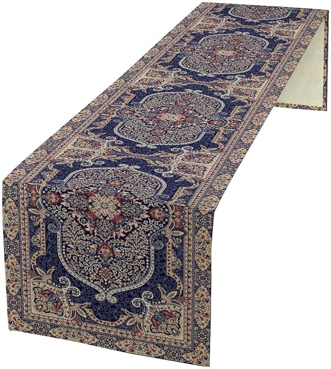 Vintage Boho Floral Table Runner, French Rustic Country Farmhouse Purple Golden Bohemia Flower Pattern for Home Kitchen Table Decor Dining Coffee Room Party Decor 13x36in