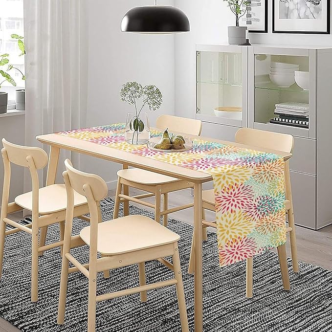 Abstract Flowers Table Runner, Chrysanthemum Dahlia Vintage Modern Colorful Spring Summer Elegant Table Runner for Party Kitchen Dining Living Room Laundry Room Decor, 13x36 Inch