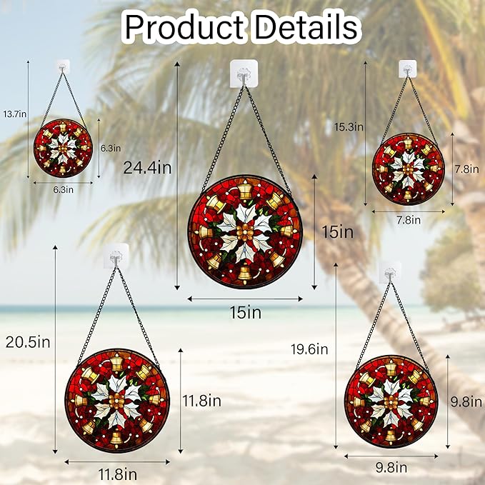 Stained Glass Window Hanging - Golden Bells Flowers Suncatcher for Doors Home Christmas Decoration Winter Sun Catcher Thanksgiving New Year Birthday Gift for Friend Women Men Mom Nana 15 in