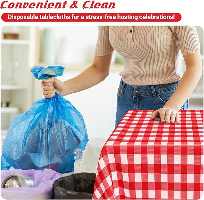 4Pack Plastic Table Cloth Ddisposable, 54" x 108" Table Cloth Rectangle Table, Waterproof Red and White Checkered Tablecloth, Outdoor Picnic Table Cover for Birthday Party Gathering Holiday Dinner