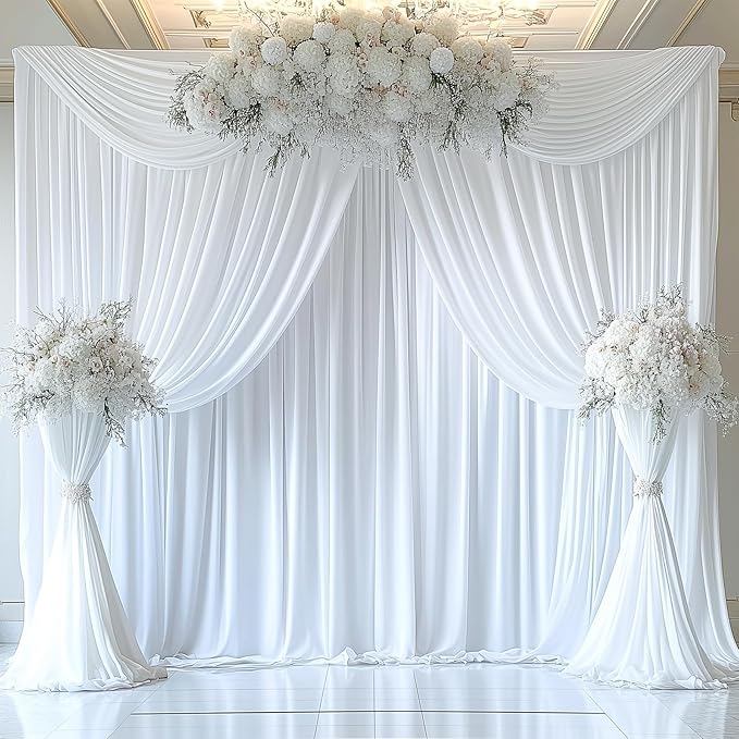 10ftx12ft Wrinkle Free White Backdrop Curtain, 8 Panels 12FT Height White Wedding Backdrop Drapes, Silky Polyester Back Drop Cloth for Birthday Photography Background Party Backdrop Draping
