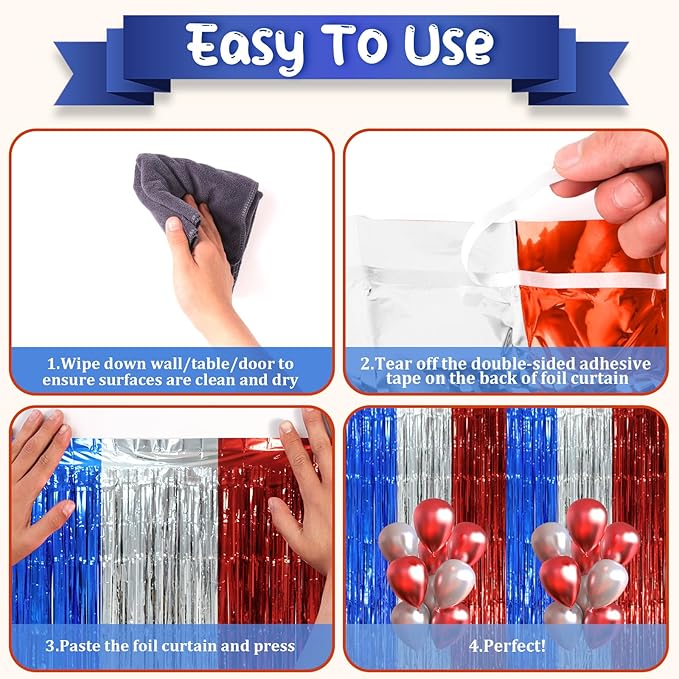 2 Pack Blue Red Silver Foil Fringe Backdrop Curtains, Tinsel Streamers Party Decorations, Fringe Backdrop, Door Shimmer for Independence Day or Birthday Party