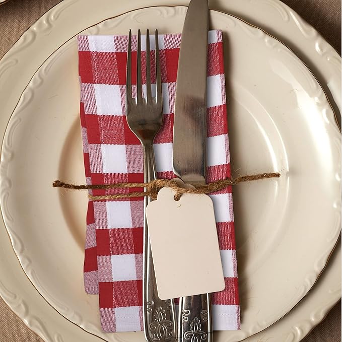 Cloth Dinner Napkins Set of 12, 100% Cotton, Red and White Checkered