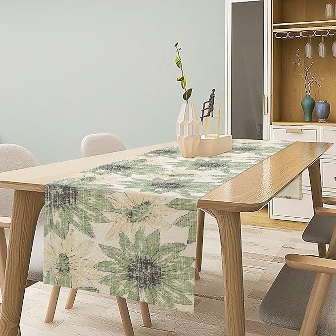 Chrysanthemum Vintage Floral Table Runner, Elegant Yellow Sunflower Spring Summer Elegant Pattern Artichokes Flower Table Runner for Party Kitchen Dining Living Room Decor, 13x60 Inch