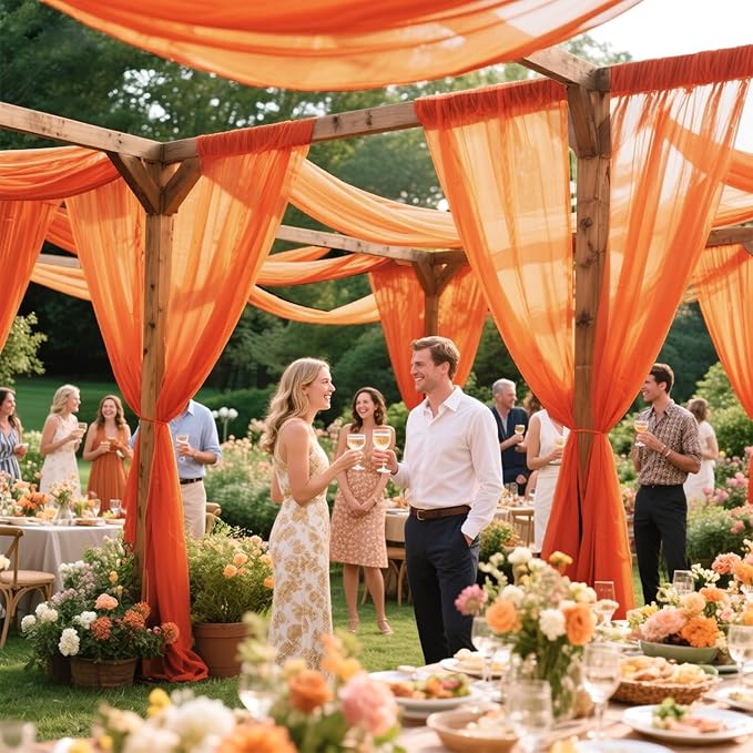 VOK Orange Wedding Arch Draping Fabric Chiffon Fabric, 29in x 18Ft Sheer Chiffon Outdoor Curtain for Wedding Ceremony Birthday Party Decoration (Orange,1 Panel)