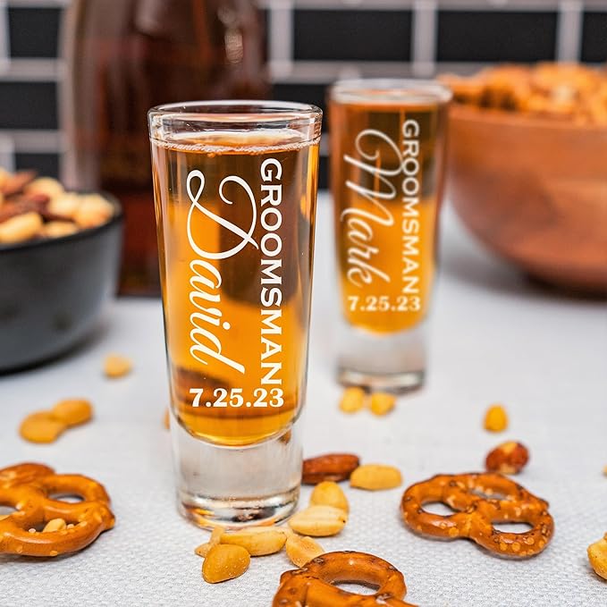 Custom Engraved 2 oz Shot Glass – Personalized Etching – Groomsman & Bridesmaid Gift – Wedding Favor Shot Glasses Set of Six
