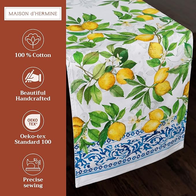 Maison d' Hermine Table Runner 100% Cotton Double Layer Table Runners 72 inches Long Decorative for Home Kitchen Dining Party Baby Shower Wedding Bridal Shower Spring Summer (Cedrat, 14.50" x 72")