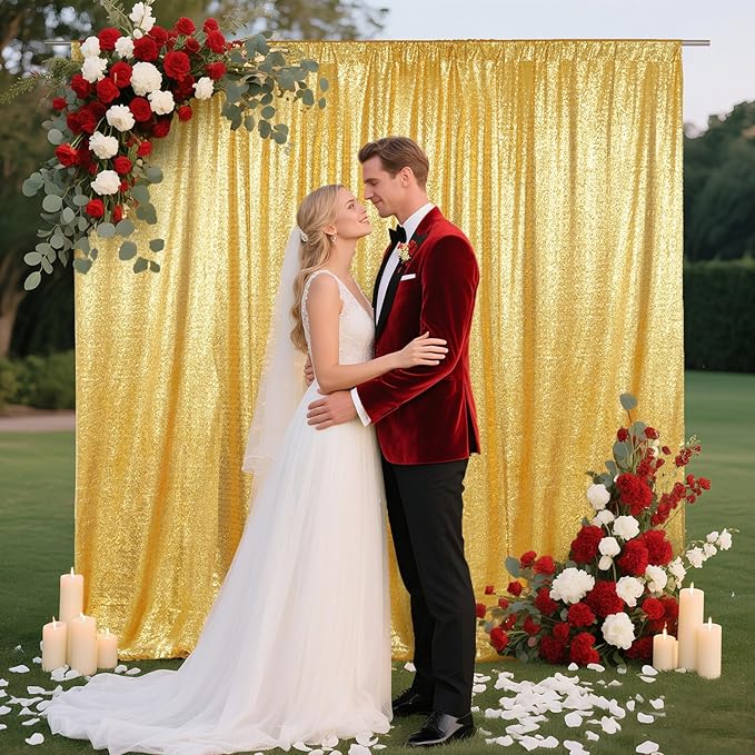 SquarePie Sequin Backdrop Curtain Not See Through Background for Wedding Party 5FT x 7FT Gold