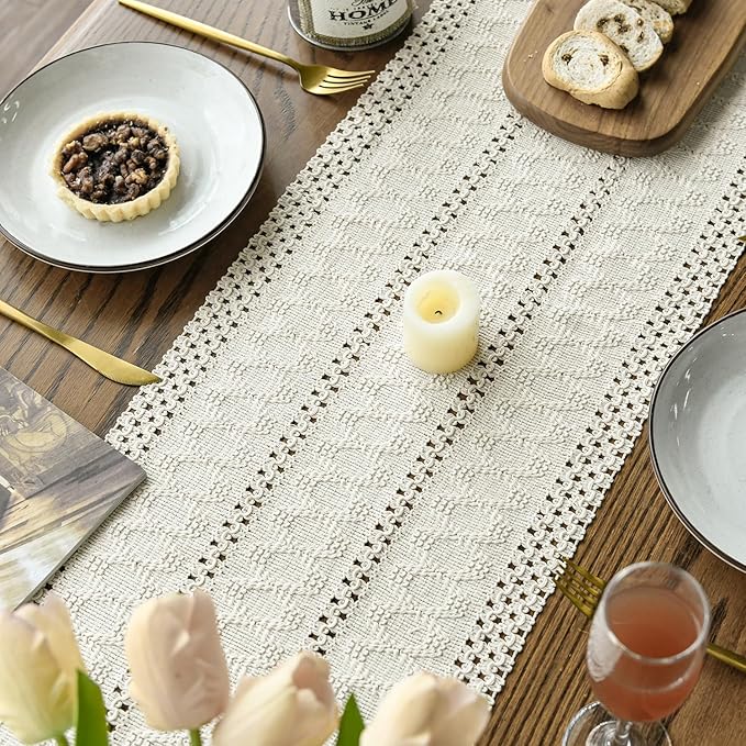 Artoid Mode Beige Farmhouse Woven Rustic Hollow Table Runner, Seasonal Holiday Hollow Kitchen Dining Table Decoration for Home Party Decor 12x90 Inch