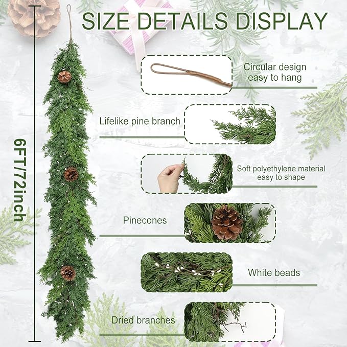 Christmas Garland 6 Ft Dark Green Cypress with Pinecones and White Beads