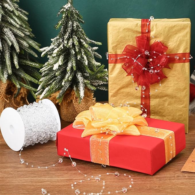 JULBEAR Beads Garland Decoration, 1Rolls 131Feet Clear Christmas Pearl Strands Chain Bead Garland for Christmas Tree Fireplace Wreath Gift Bouquet Crafts Wrapping Wedding Party Centerpieces