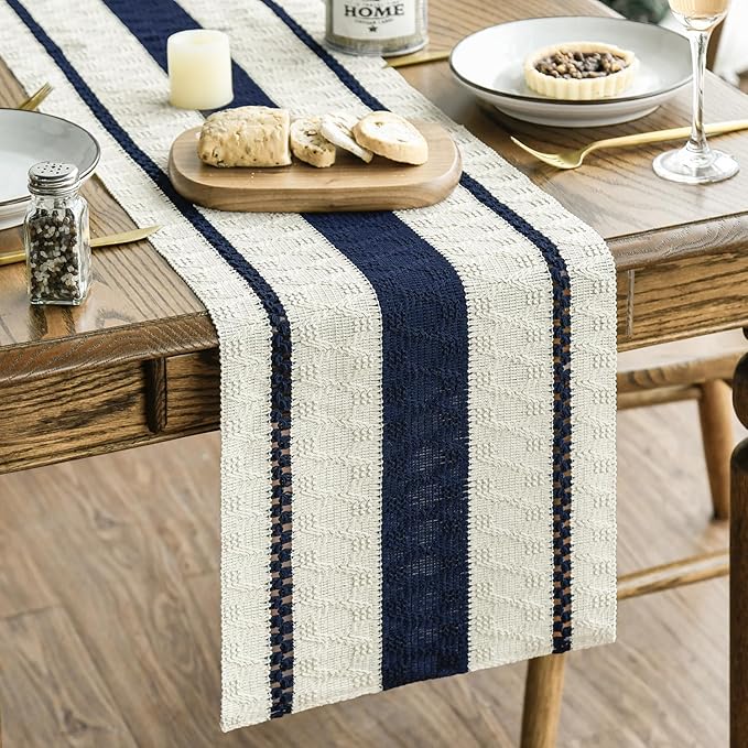 Artoid Mode Dark Blue Farmhouse Woven Rustic Table Runner, Seasonal Holiday Hollow Kitchen Dining Table Decoration for Home Party Decor 12x90 Inch