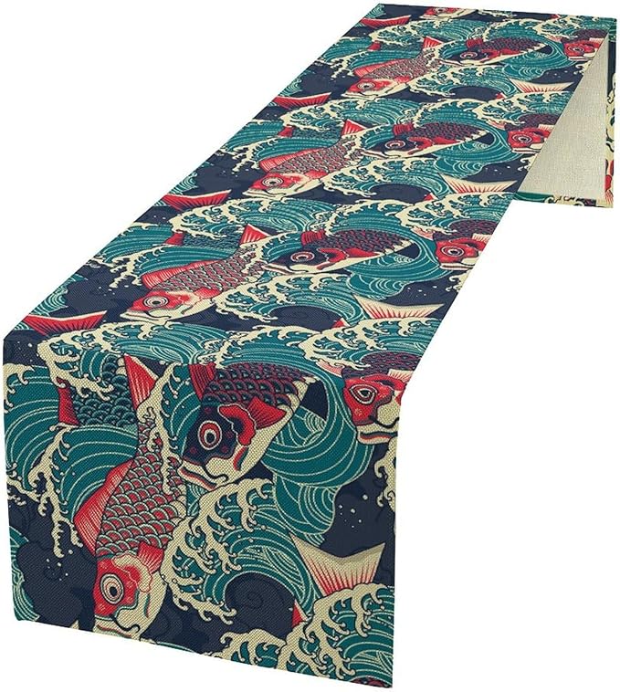 Kio Fish Table Runner Waves Japanese Tradition Art Printed Burlap Runner Home Kitchen Dining Table Living Room Decor Fabric 1 Panel W13xL90in