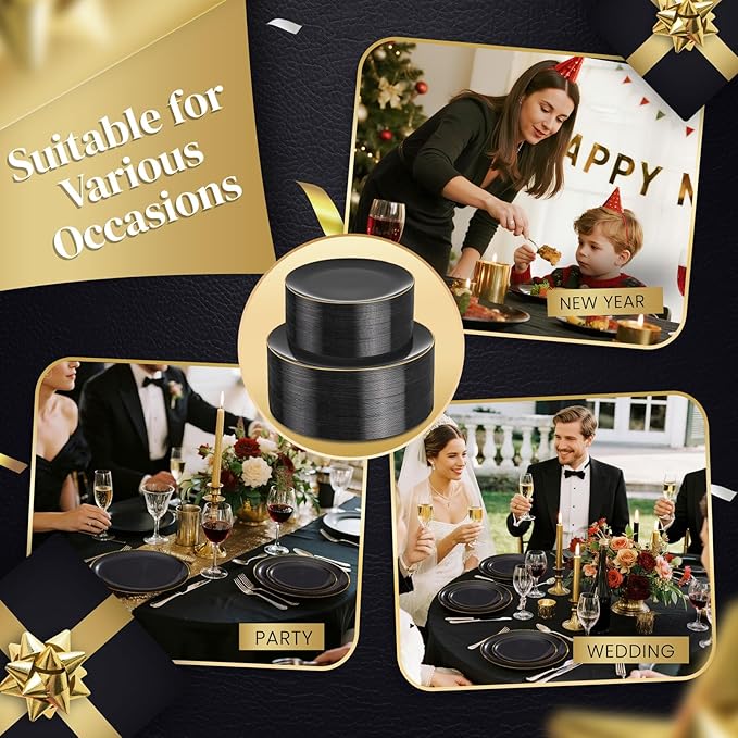Plates in Black with Gold Trim, 200 Count Disposable Plastic Party Set
