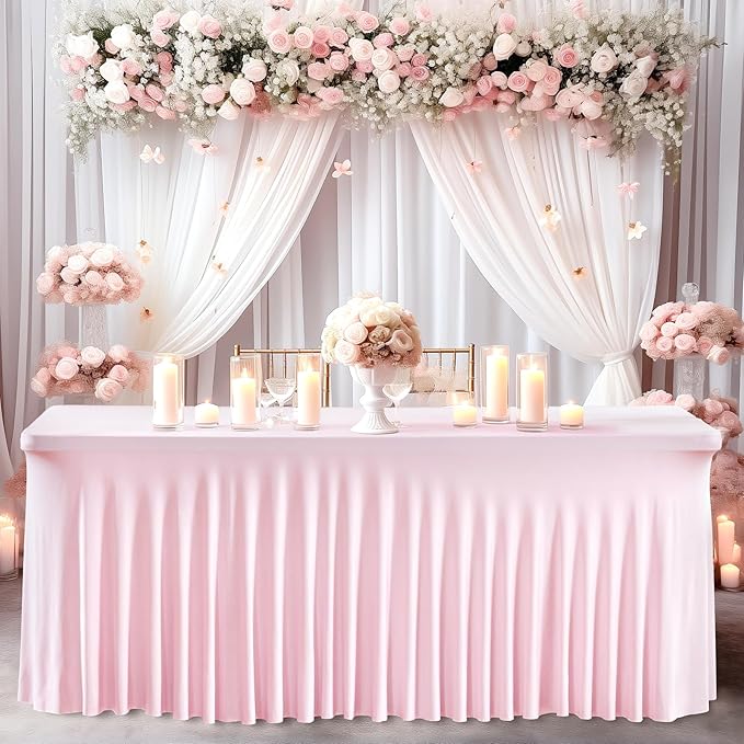 Wish Care 2 Pack Pink Spandex Table Clothes for 4 Foot Rectangle Tables, 4FT Wrinkle Free Fitted Tablecloths Ruffles Design Table Cover for Party, Banquet, Wedding and Events