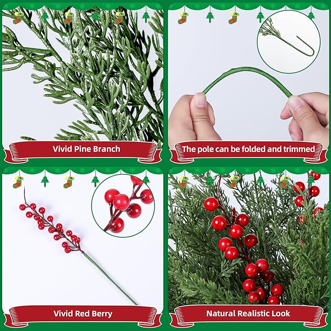 Artificial Norfolk Pine Branches Set, 12 Cedar Stems and 3 Red Berry Stems