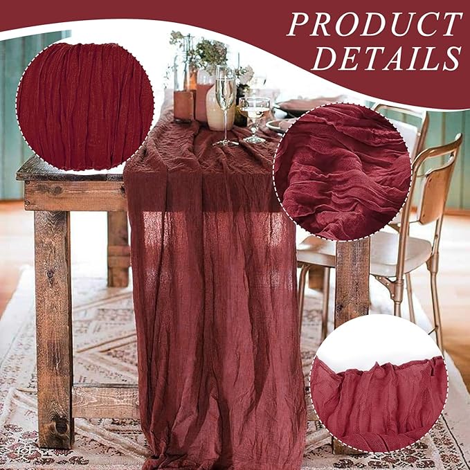 12 Pack Cheesecloth Table Runner, Runner Gauze Boho Wedding Decor Romantic Table Runner for Wedding Birthday Party(35" x 118") (Wine Red)