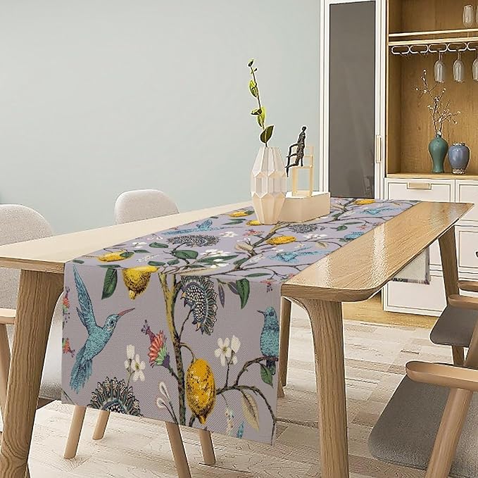 Table Runner with Flowers and Birds, Spring Plant Flowers Table Decoration Linen Table Runner Family Party Party Decorations 13x60 Inches