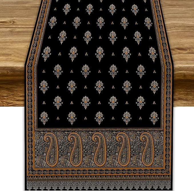 Vintage Paisley Table Runner, Boho Brown Black Flowers Leaves Print Table Runner for Home Dining Kitchen Table Party Wedding Decor, 13x90inch