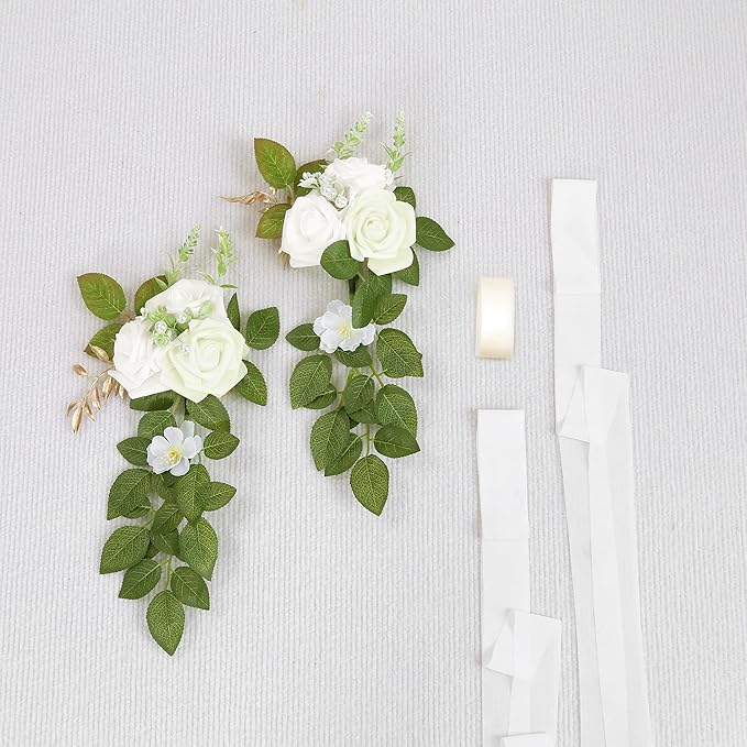 Artificial Aisle Flowers, Ivory White Rose Pew Decor, 10 Pieces