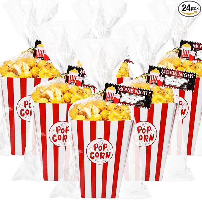 Popcorn Box Movie Night Party Favors Set of 24 with Cellophane Bags