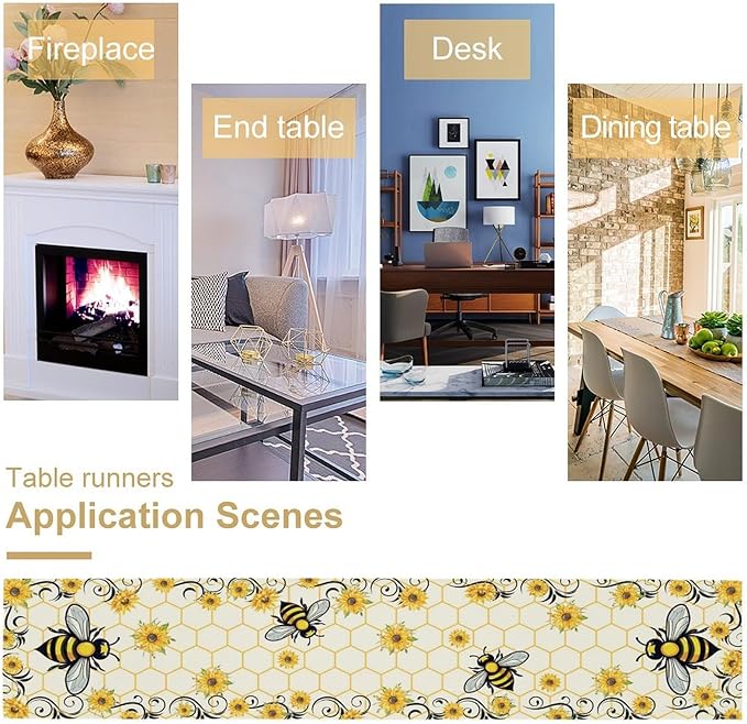 Bee Sunflower Table Runner, Farmhouse Orange Honeycomb Vintage Spring Summer Flowers Print Table Cover for Party Wedding Home Kitchen Dining Table Decor, 13x120inch