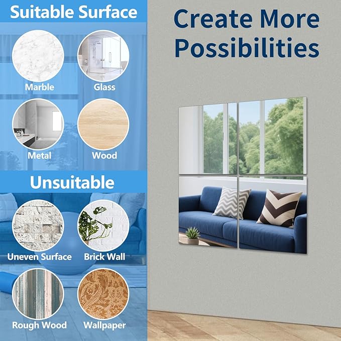 Unbreakable Acylic Small Mirror Tiles for Kids, (4-Pcs 12x12 Inch) Plastic Mirrors for Wall, Stick on Mirrors for Wall Decor, Shatterproof Mirror for Kids Bedroom