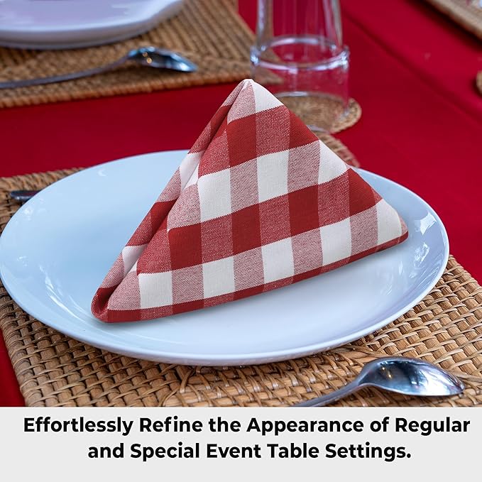 Cloth Dinner Napkins Set of 12, 100% Cotton, Red and White Checkered