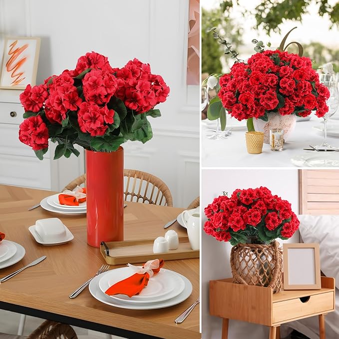 Hananona 6 Pcs Artificial Geranium Flowers for Outdoors Geranium Silk Red Flower Outdoor UV Resistant Garden Plants Faux Flowers for Christmas Home Kitchen Table Centerpieces Decor (6, Red)