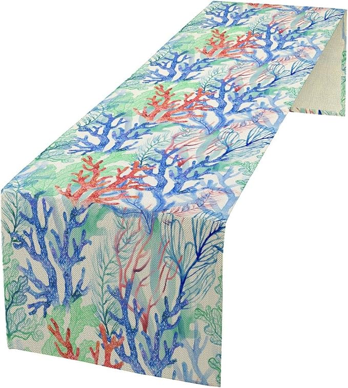 Summer Shell Starfish Table Runner, Seasonal Spring Summer Tropical Ocean Beach Indoor Party Kitchen Outdoor Table Decor 13x70 Inch