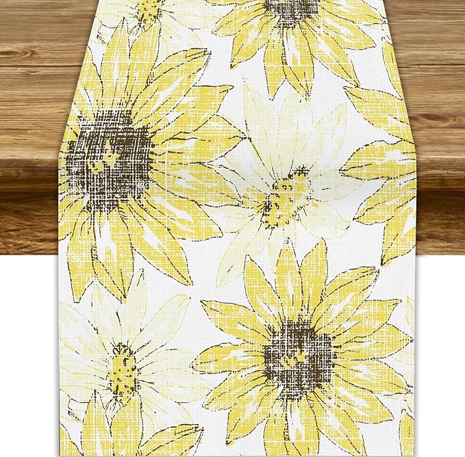 Chrysanthemum Vintage Floral Table Runner, Elegant Grunge Gray Sunflower Spring Summer Elegant Pattern Artichokes Flower Table Runner for Party Kitchen Dining Living Room Decor, 13x36 Inch