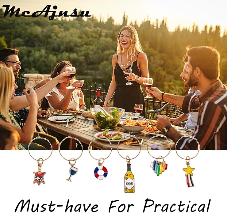 24Pcs Wine Glass Charms & Markers - Reusable Identifier Tags for Stem Glasses - Funny Non-Scratch Charms for Summer Beach, Christmas & Wine Party