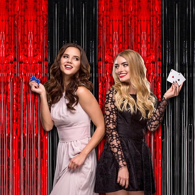 2 Pack 3.3x8.2 Feet Red and Black Foil Fringe Backdrop Curtains, Tinsel Streamers Birthday Party Decorations, Fringe Backdrop for Graduation, Movie Night, Horror Party