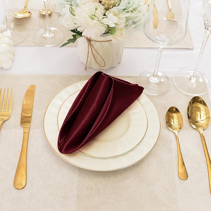 12 Pieces Burgundy Satin Napkins, 17" x 17" Square Table Napkins, Silky Soft Smooth Washable Napkins for Restaurant, Weddings, Dinner, Party Decoration